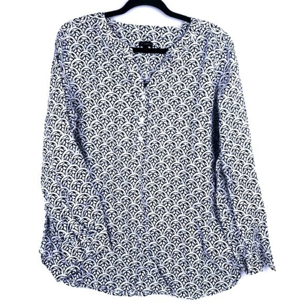 Talbots Linen Blouse Blue White Scallop Print Long Sleeve Women Large